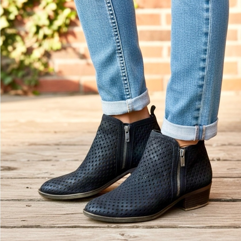 Lucky Brand Perforated Black Leather Ankle Zip Boots Booties 7M